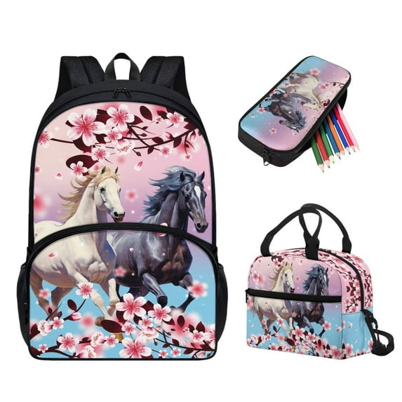 Binienty Horse Backpack for Girls 10-12 Cherry Blossom Kids Backpack And Lunch Box Set 4th Grade Bookbag for Girls Boys 17 Inch Rucksack with Laptop Compartment and Side Pockets