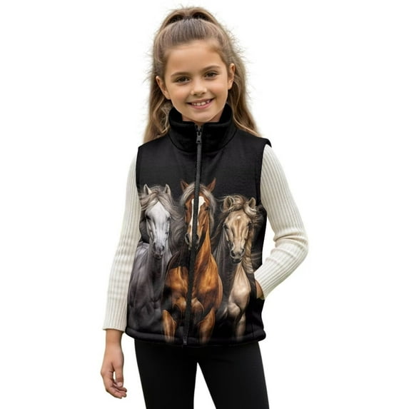 Binienty Horse Print Girls Zip Up Jackets Size 9-10 Warm Thick Fleece Outerwear Vests With Pockets Lightweight Fuzzy Fluffy Fleece Waistcoat Big Kids Comfy Thick Fall Winter Clothes