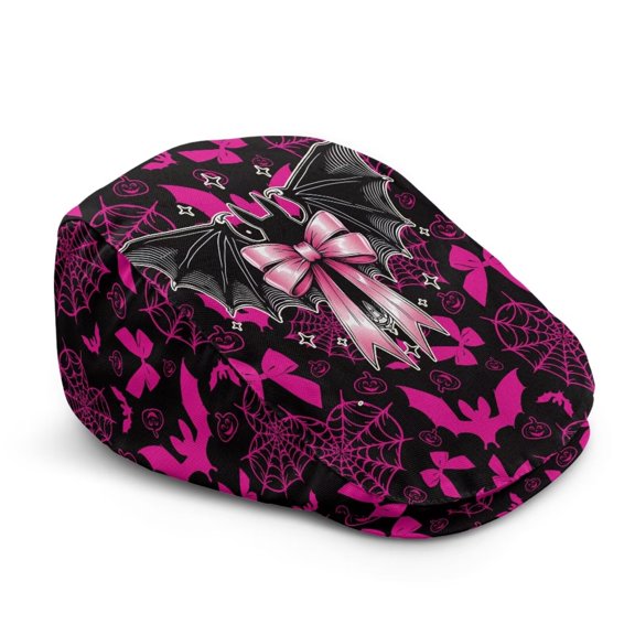 Binienty Hot Pink Bat Bow Print Newsboy Cap for Men Adjustable Breathable Lightweight Irish Gatsby Hat with Spider Web Pattern for Halloween Costume Party Daily Wear