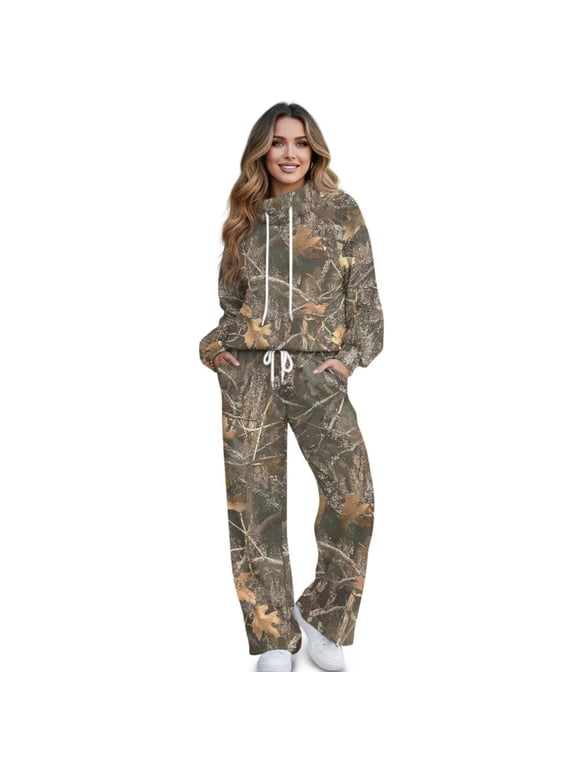 Hunting Camo 2 Piece Outfits for Women, Fall Drawstring Mock Neck Sweatshirt Wide Leg Sweatpants Tracksuits Soft Cozy Hunting Loungewear Matching Set