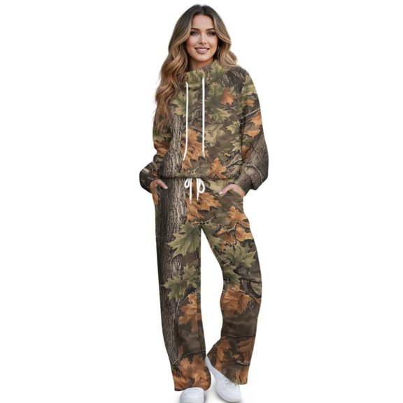 Binienty Hunting Camo Womens 2 Piece Sweatsuits High Neck Drawstring Pullover Wide Leg Pants Casual Cozy Loungewear Set Outdoor Fall Matching Outfits With Pockets