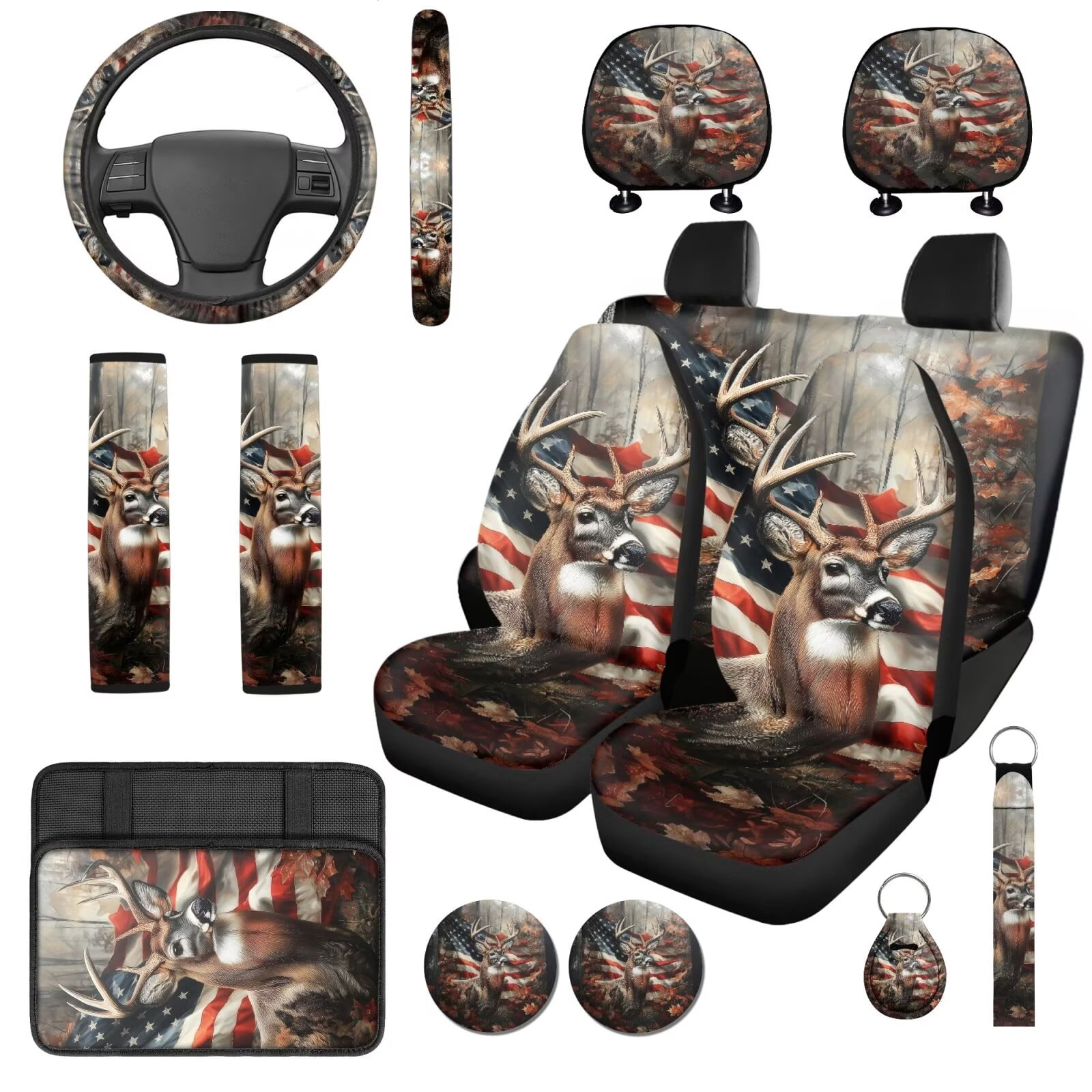 Binienty Hunting Deer Camo Automotive Seat Covers with Car Steering Wheel Cover American Flag Elastic Armrest Cushion Pad Seat Belt Cushion Pad Keychain Automotive Interior Accessories Set