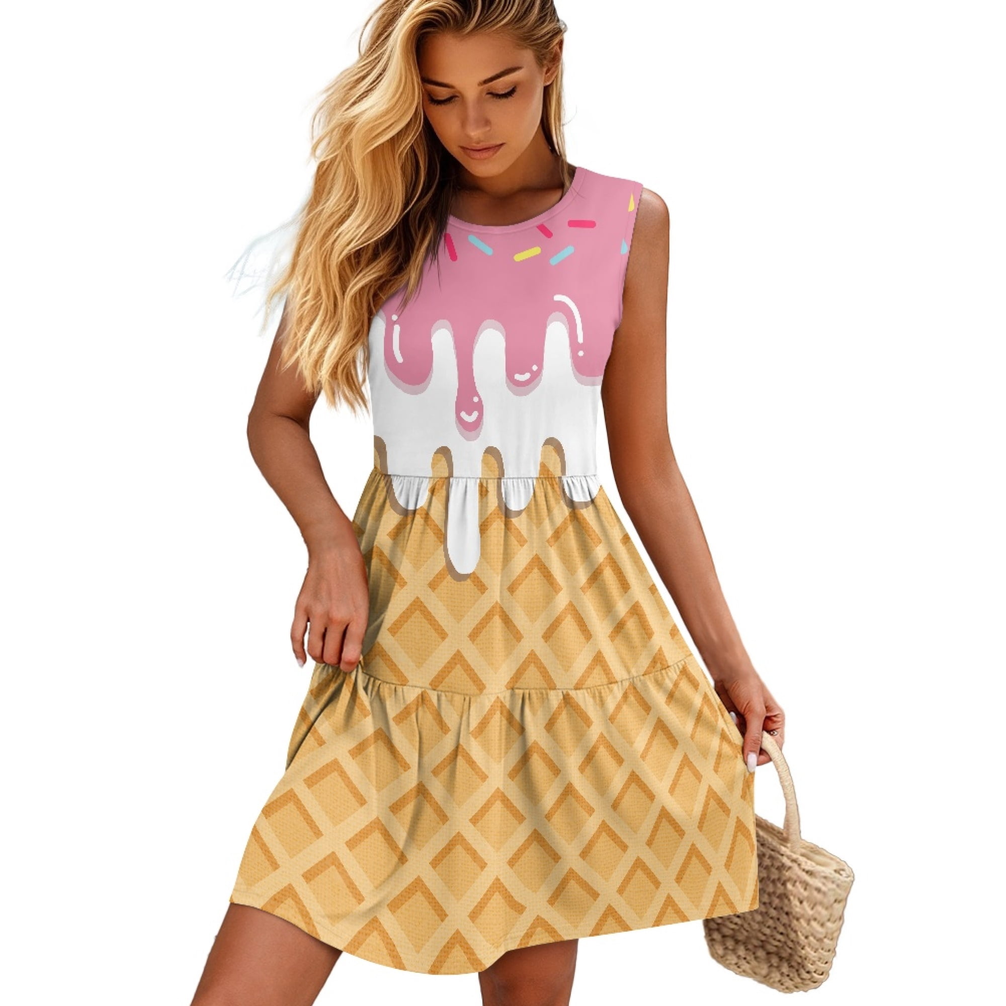 ice cream dress ladies Binienty Waffle Layered Sleeveless Tiered Tank for Women, a Line Flowy Ruffle Mini Dress with Casual Elastic Waist for Summer Vacation ice cream fashion