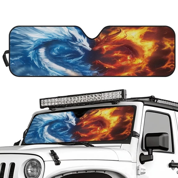 Binienty Ice and Flame Dragon Car Windshield Sun Shade for Jeep Wrangler TJ JK JKU Sport Foldable Automotive Front Windshield Sun Visor UV Rays Protector Auto Accessories