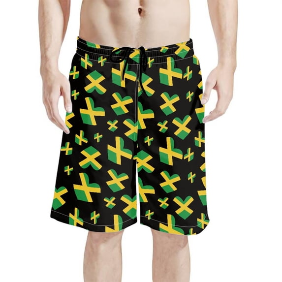 Binienty Jamaica Flag Heart Print Men's Board Shorts, Lightweight Men's Swim Trunks Polyester Adjustable Waist Men's Beach Shorts S - 4XL