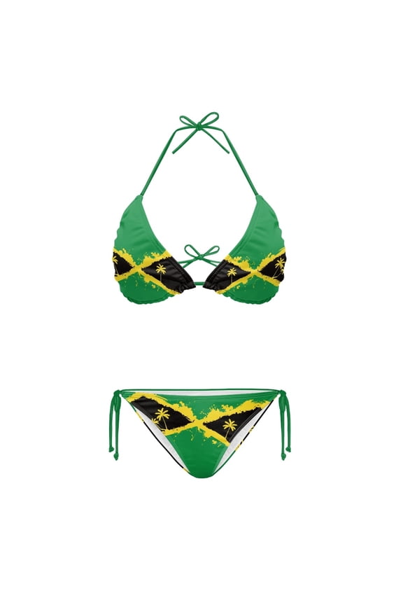 Jamaican Flag Pattern Two Piece Bathing Suit for Beachwear Summer, Bikini Set Self Tie Drawstring