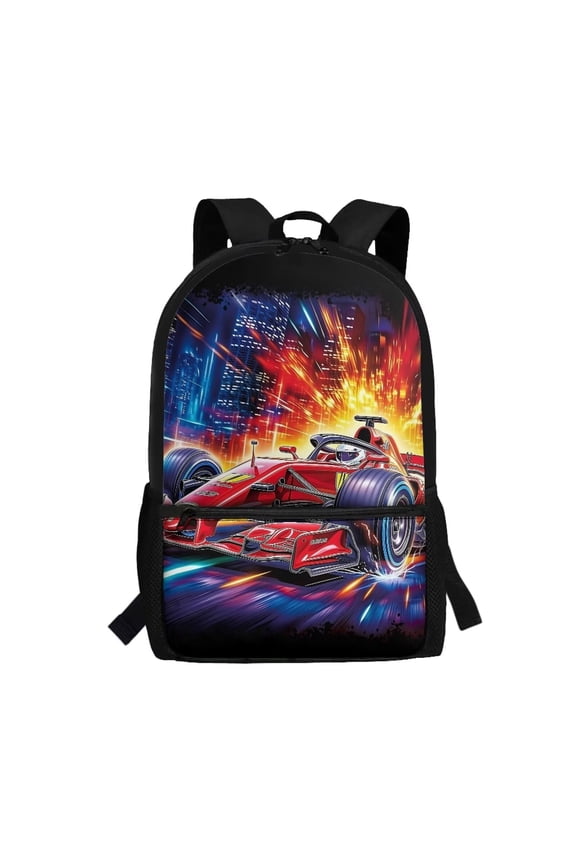 Kids Red Racing Car Printed Bookbag with Length-Adjustable Shoulder Straps, Front Storage Pocket, Side Mesh Pockets, Lightweight Casual Daypack for School Hiking Travel