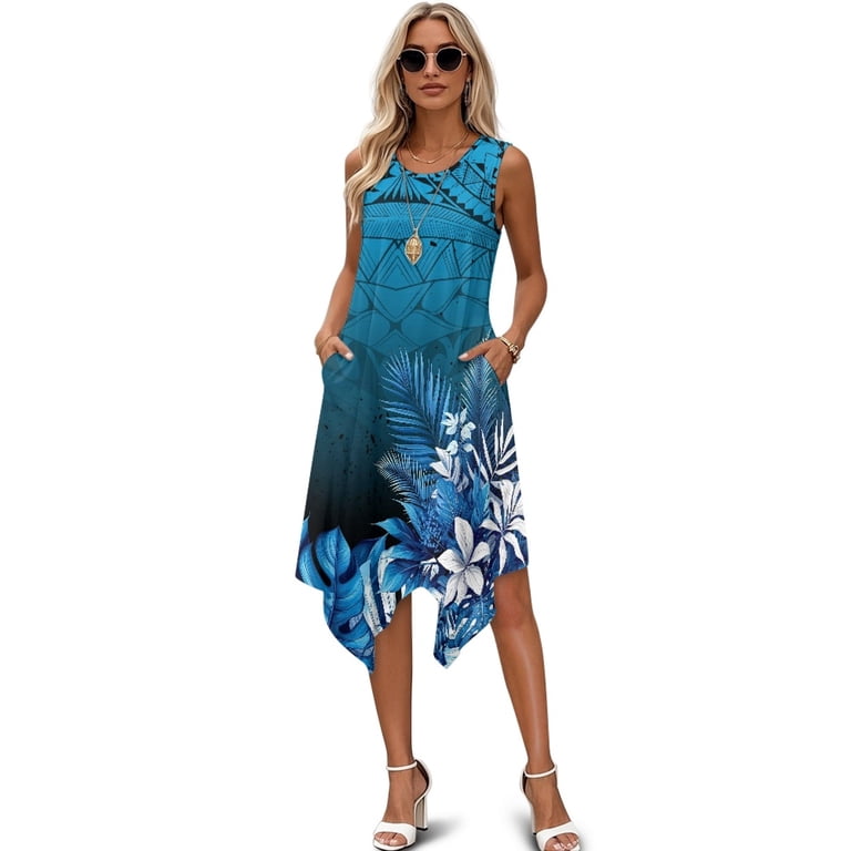 pool dress for ladies Binienty Irregular Hem Casual Dress, Blue Tropical Leaf Asymmetric Sleeveless Sundress, with Side Pockets Midi Cocktail Party SCH004218_G