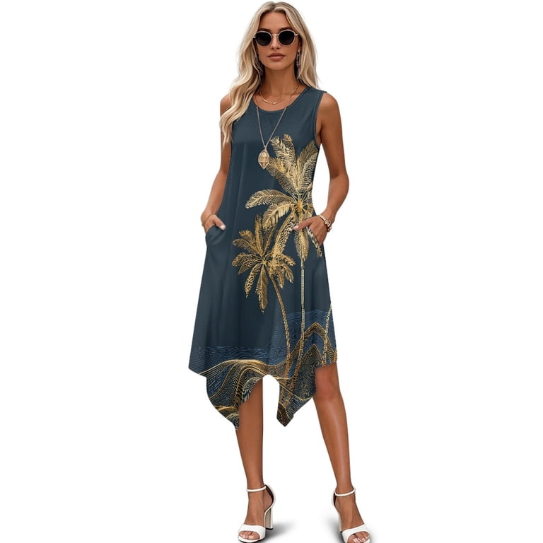 ladies asymmetric dress Binienty Irregular Hem Casual Dress, Golden Palm Tree Sleeveless Midi Dress, with Side Pockets for Beach Vacation and Summer Outings Shoulder 35cm M Mother of the Bride A-Line Satin Sweetheart Cocktail Color:M-Blue