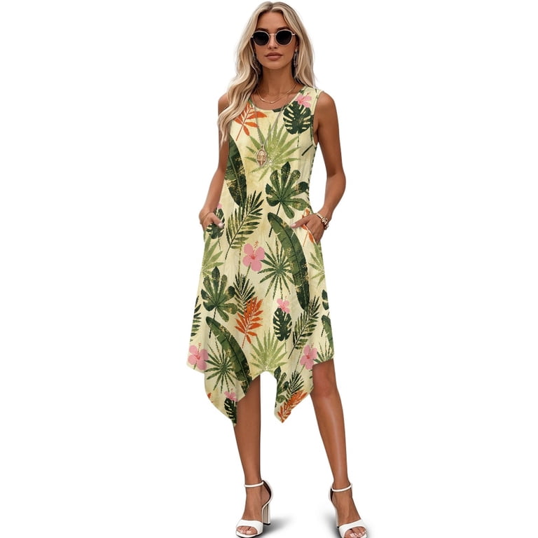 Binienty Ladies Irregular Hem Casual Dress, Tropical Leaves Floral Print Asymmetric Sleeveless, with Side Pockets Pleated Midi Dress for Summer