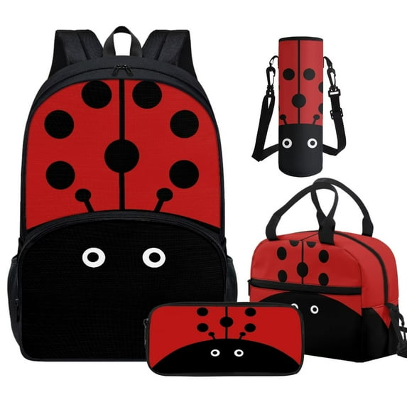 Binienty Ladybug Backpack for Girls with Lunchbox Box and Pencil Case and Water Bottle Sleeve Set of 4 Piece School Bookbag for Elementary School Girls Kids Rucksack with Laptop Compartment