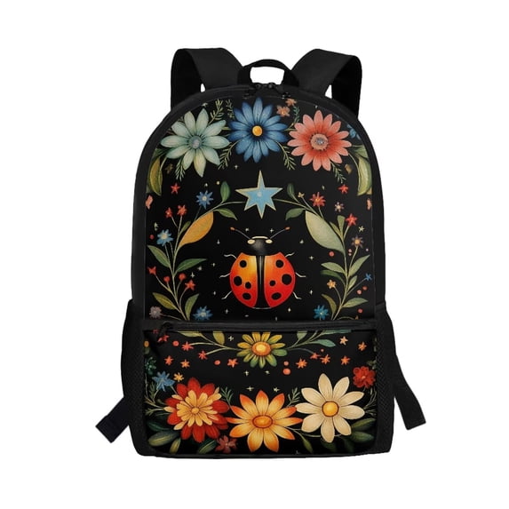 Binienty Ladybug Floral Print School Backpack for Kids Elementary Students Bookbag 17 Inch with Quick Access Front Pocket Padded Shoulder Straps Back to School Gift