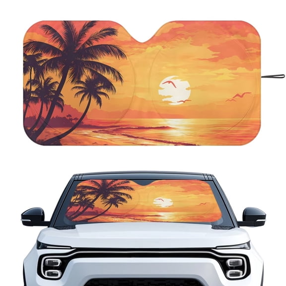 Binienty Large Car Windshield Sun Shade Tropical Palm Tree Sunset Automotive Window Sun Cover Reflective Sunshade Foldable and Removable Auto Accessories for Outdoor Protection