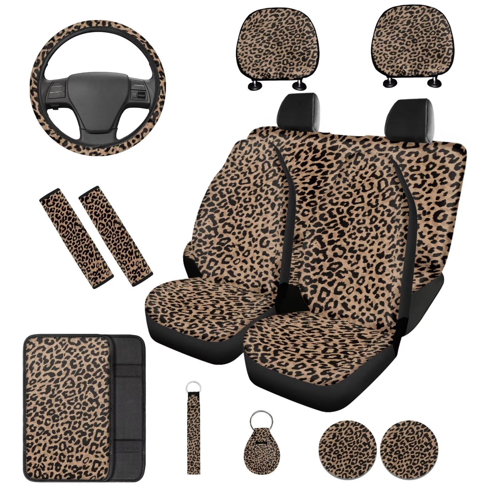 Binienty Leopard Print Auto Seat Covers Full Set 14 Pieces Car Accessories For Women Interior Cheetah Print Car Seat Covers With Steering Wheel Cover High Back Vehicle Bucket Cushion Protection