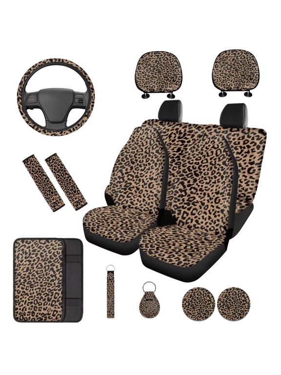 Leopard Print Auto Seat Covers Full Set 14 Pieces Car Accessories For Women Interior Cheetah Print Car Seat Covers With Steering Wheel Cover High Back Vehicle Bucket Cushion Protection