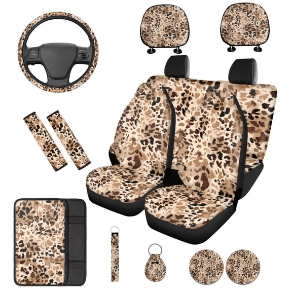 Binienty Leopard Print Automotive Seat Covers Front and Rear 14 PCS with Coasters Keychain Headrest Covers Armrest Cover Steering Wheel Cover Car Interior Accessories Set