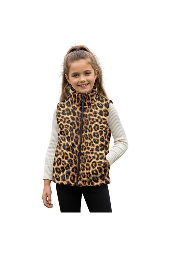 Leopard Print Fleece Vest for Girls Fuzzy Sleeveless Zip Up Jacket With Pockets Winter Warm Fluffy Outerwear Vests Stand Collar Fall Tops
