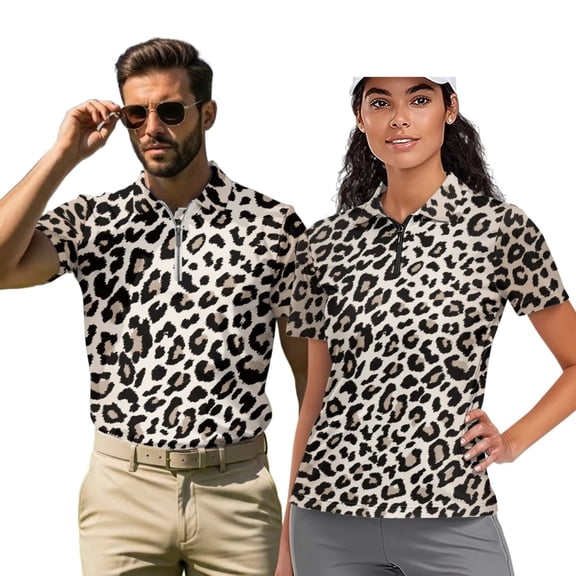 Binienty Leopard Print Matching Shirts for Couples Classic Fit Moisture Wicking Couple Shirt with Quarter Zip Comfortable Short Sleeve Daily Wear for Workout Sports