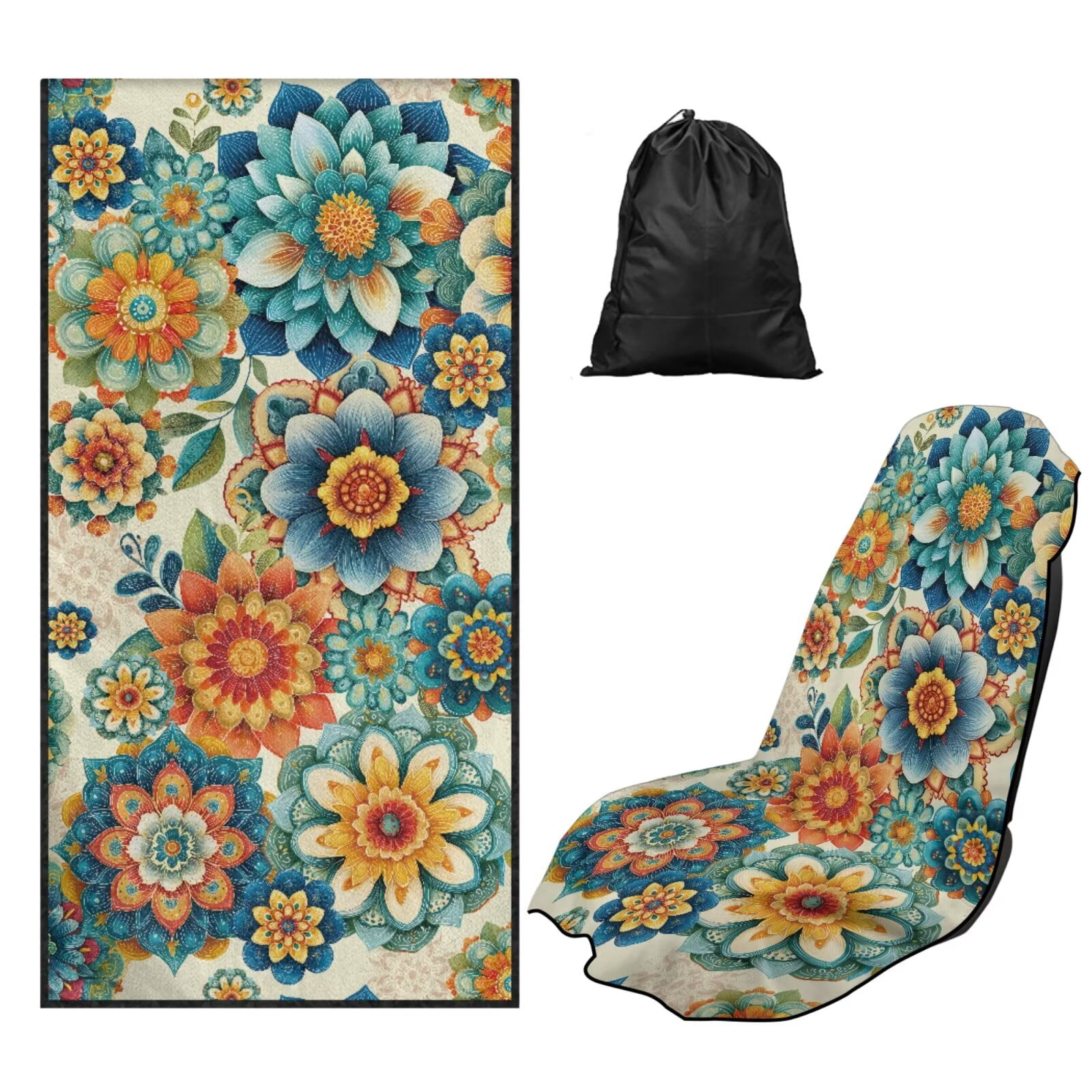 Binienty Mandala Floral Sweat Seat Covers for Cars Boho Auto Accessories for Women Girly Blue Athletic Running Towel Car Seat Cover After Gym Surfing Yoga Workout