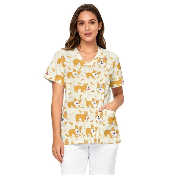 Binienty Medical Scrub Top Women Short Sleeve V-Neck, Comfortable Nurse Uniform with Two Front Pockets for Healthcare Workers