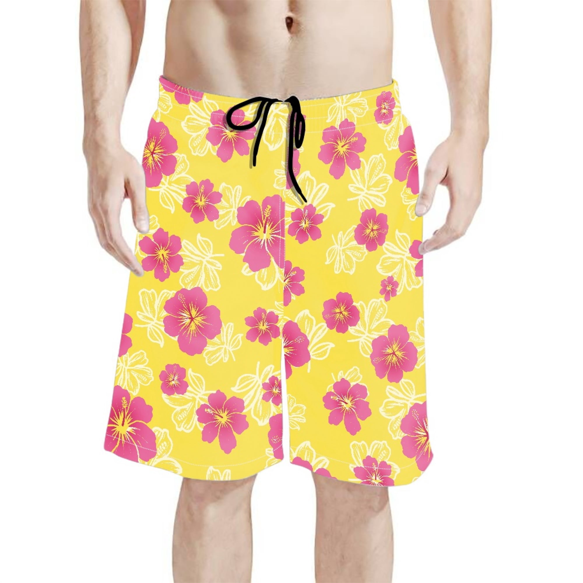 Binienty Men's Board Shorts Beach Shorts With Pink Hibiscus Pattern ...