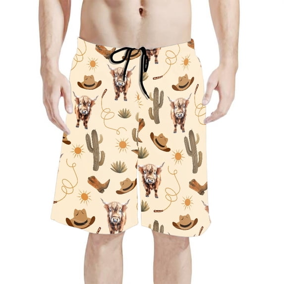 Binienty Men's Board Shorts Beach Shorts With Western Highland Cow Design - Quick Dry for Summer Surfing and Beach Vacations