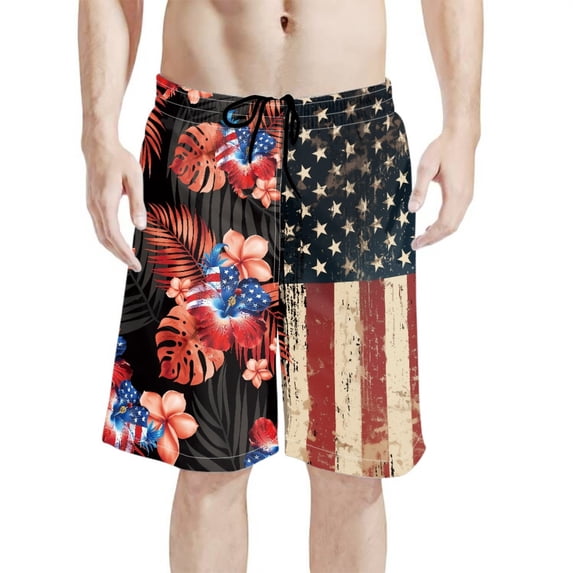 Binienty Men's Board Shorts Beach Swim Trunks With Patriotic Floral Design - Quick Dry for Summer Vacation and Water Activities
