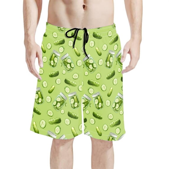 Binienty Men's Board Shorts Beach Swim Trunks With Pickle Jar Print - Quick Dry for Summer Beach Vacations and Water Activities