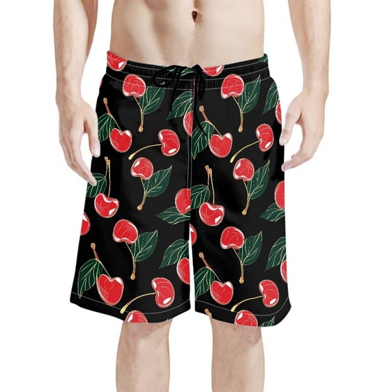 Binienty Men's Board Shorts Beach Swim Trunks With Red Cherry Print - Breathable Quick Dry for Summer Vacation and Water Activities