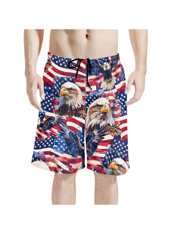Men's Board Shorts Swim Trunks With Bald Eagle American Flag - Quick Dry for Summer Beach Vacation and Water Activities
