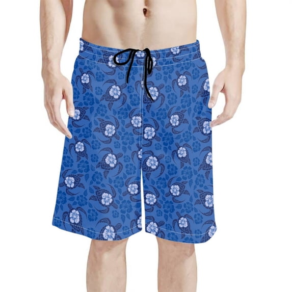 Binienty Men's Board Shorts Swim Trunks With Sea Turtle Hibiscus Design - Quick Dry for Summer Beach and Water Activities