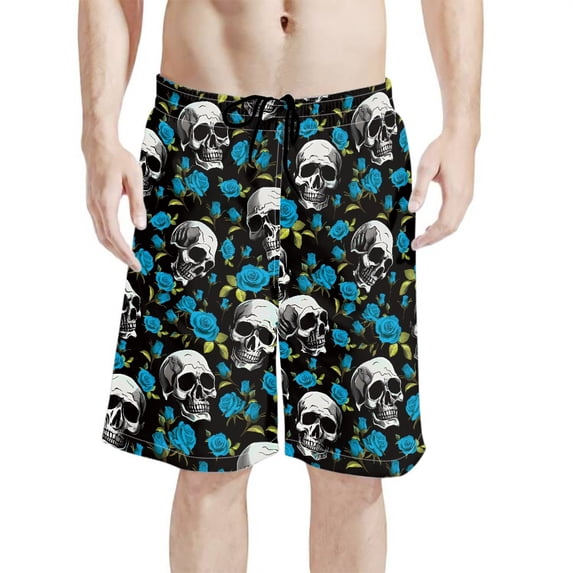 Binienty Men's Board Shorts Swim Trunks With Skull Blue Rose Design - Quick Dry for Beach Surfing and Summer Vacation