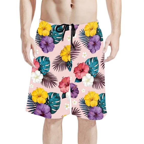 Binienty Men's Board Shorts Swim Trunks With Tropical Hibiscus Pattern ...