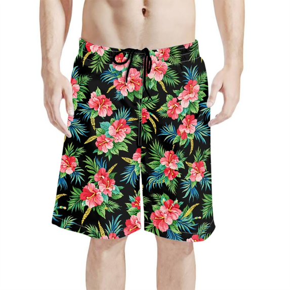 Binienty Men's Board Shorts Swim Trunks With Tropical Hibiscus Pattern - Quick Dry for Beach Vacation and Water Sports