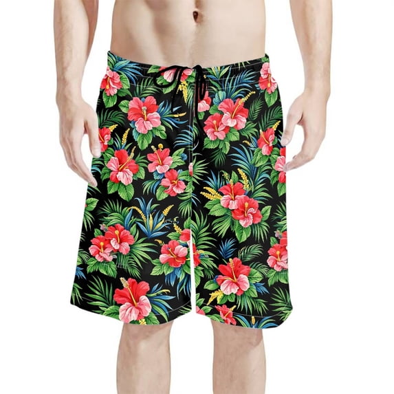 Binienty Men's Board Shorts Swim Trunks With Tropical Hibiscus Pattern - Quick Dry for Summer Beach and Water Activities