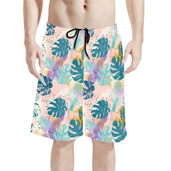 Binienty Men's Board Shorts Swim Trunks With Tropical Leaf Pattern - Quick Dry for Beach Vacation and Water Sports