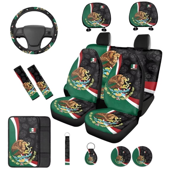 Binienty Mexican Flag Vehicle Seat Covers Full Set with Armrest Cover Steering Wheel Cover Seat Belt Pads Keychain Coasters Headrest Covers Auto Interior Decor Set 14 Pieces