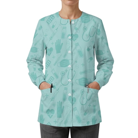 Binienty Mint Medical Print Women's Long Sleeve Scrub Jacket Breathable Button Front Nursing Workwear with Pockets Wrinkle Resistant Medical Uniform for Nurses Dentists