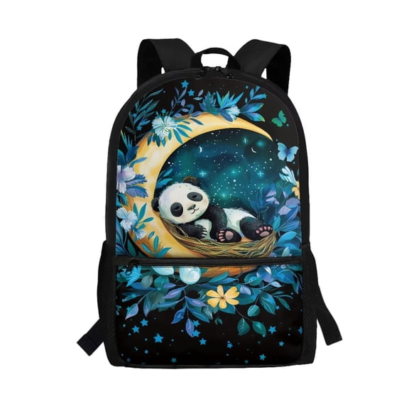 Binienty Moon Panda Print Kids School Backpack 17 Inch Large Capacity Bookbag for Teens Multi Front Compartments Side Mesh Pockets Sturdy Daily Travel Rucksack for School Trips