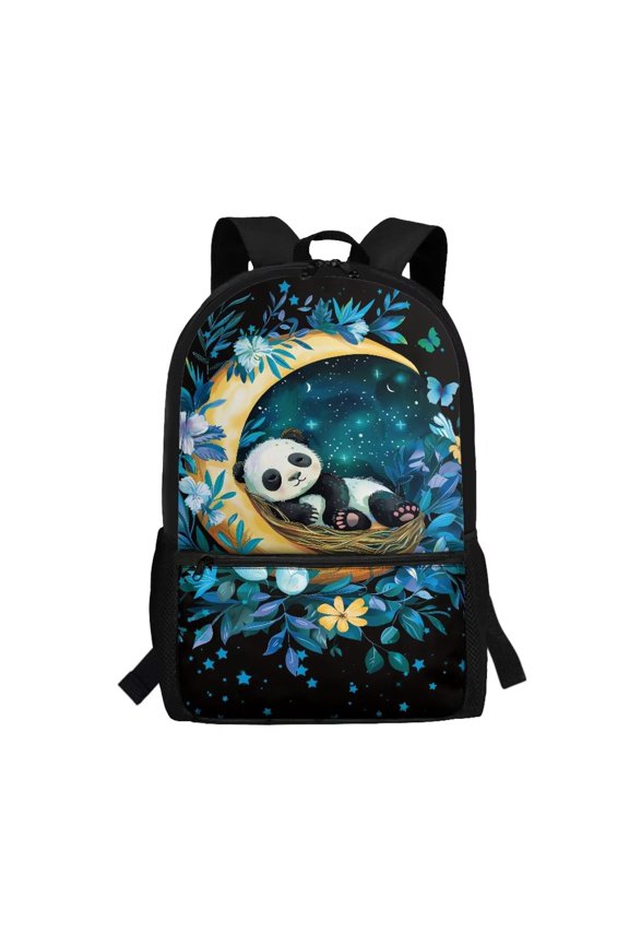 Moon Panda Print Kids School Backpack 17 Inch Large Capacity Bookbag for Teens Multi Front Compartments Side Mesh Pockets Sturdy Daily Travel Rucksack for School Trips