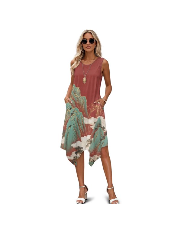 Mountain Cloud Print Sleeveless Sundress, with Side Pockets Summer Asymmetric Hem Midi Dress for Work Leisure Travel and Daily Wear