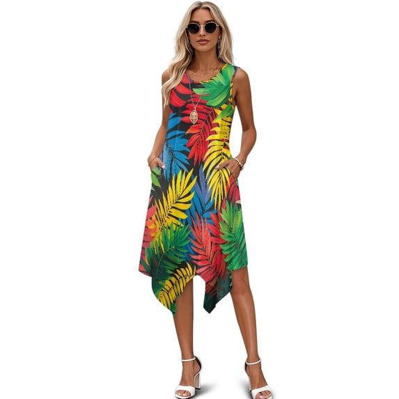 Binienty Multicolor Tropical Leaf Sleeveless Sundress, with Side Pockets Summer Irregular Hem Dress for Work Leisure Travel and Beach Outings