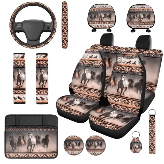 Binienty Navajo Aztec Horse Automotive Seat Covers Full Set with Steering Wheel Cover Non-Slip Armrest Cushion Pad Vehicle Seat Belt Cushion Pad Keychain Auto Interior Accessories Set 14 Pack