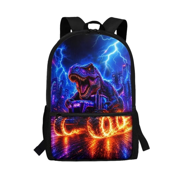 Binienty Neon Lightning Dinosaur Backpack for Kids Ages 10-12 17 Inch Large Capacity School Bookbag with Front Storage Pocket Side Mesh Pockets for Primary Students Travel Daypack