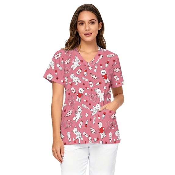 Binienty Nurse Bear Medical Pattern Scrub Tops for Women Short Sleeve V Neck Nursing Top with Pockets for Summer, Hospital, Workwear