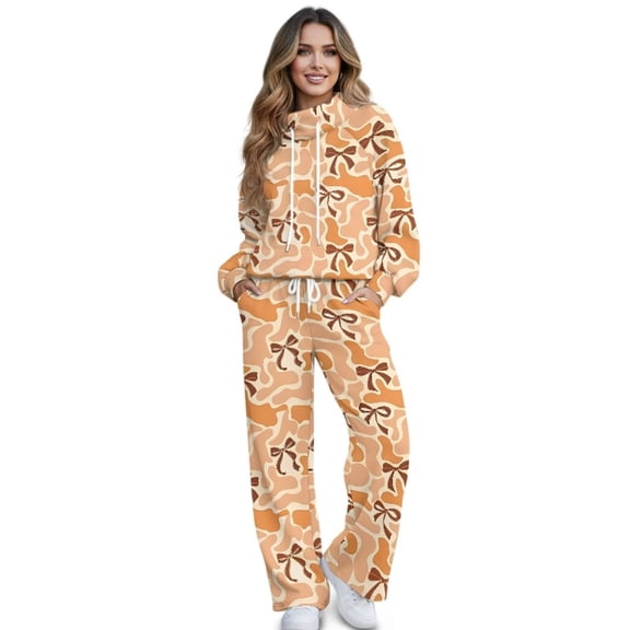 Binienty Orange Bow Camo Sweatsuits 2 Piece Sets for Women, Mock Neck Long Sleeve Sweatshirt Wide Leg Pants Drawstring Tracksuits Casual Loungewear Outfits with Pockets