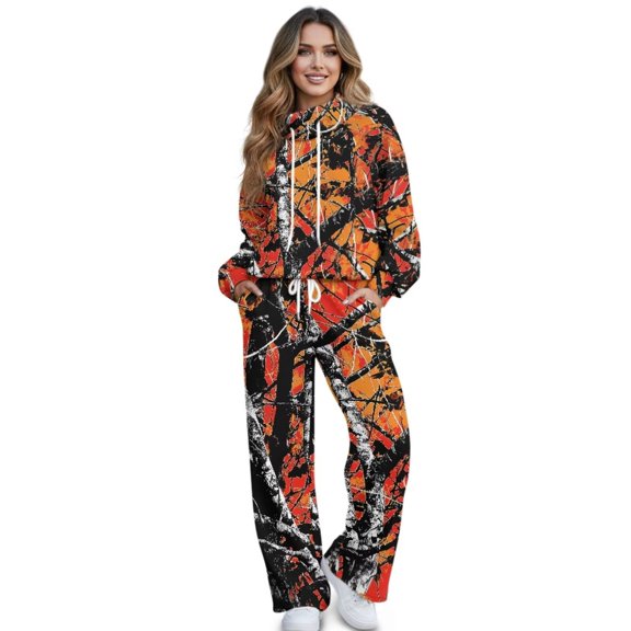 Binienty Orange Tree Camo Women's 2 Piece Loungewear Sets Drawstring Mock Neck Pullover Sweatshirt Wide Leg Sweatpants Casual Tracksuit with Pockets Soft Cozy for Daily Wear