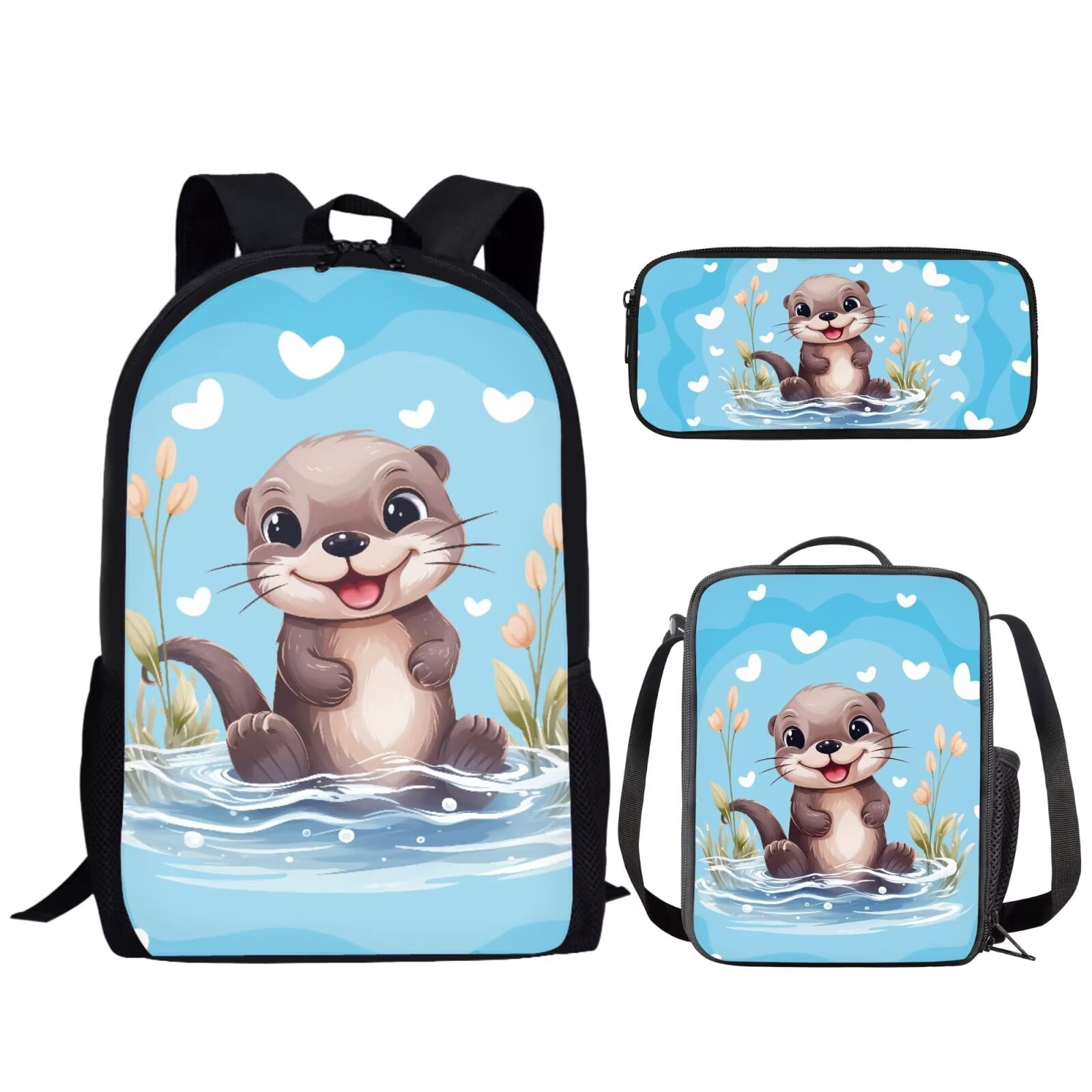Binienty Otter Bookbag and Lunch Box Set for Girls Boys Teens Middle-School Elementary Bookbags with Pencil Box Case Back To School Backpack Set