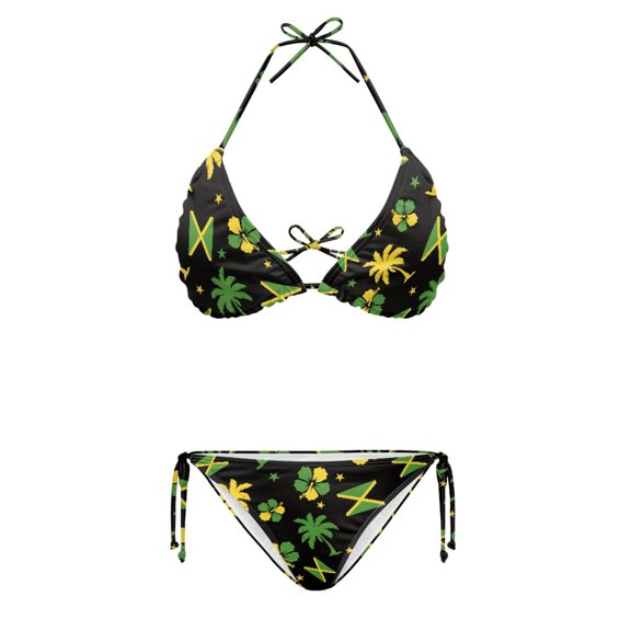 Binienty Palm Jamaica Two Piece Bathing Suit, Stretchy Swimwear, Soft Fabric Elastic String Bikini Set Plus Size