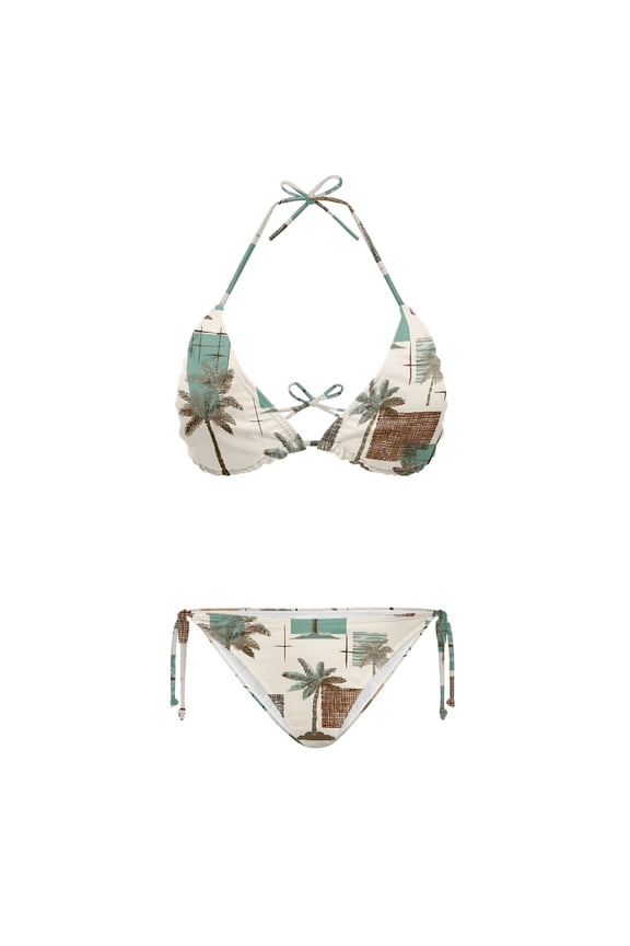 Palm Tree Print Bathing Suit, Sexy Bikini Set, Polyester Spandex Drawstring Tie Side Bikini Plus Size Design